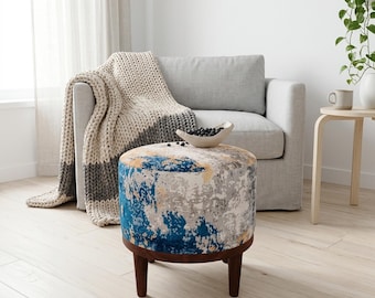 Blue Gold Distressed Round Pouf | Vanity Stool Seat | Boho Entryway Decor