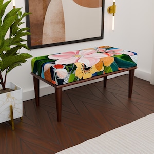 Banco tapizado con flores de colores, elegante banco con decoración, muebles bohemios de colores brillantes, asiento de entrada llamativo, cómodo banco, H-294
