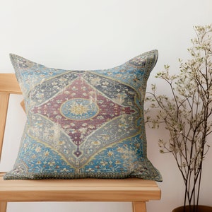 blue kilim pillow, bohemian pillow, handmade pillow, washable pillow, cushion cover, boho decor pillow, turkish rug pillow, printed pillow