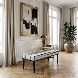Zebra print bench, Black and white upholstered bench, Modern entryway bench, Soft touch bench, Makeup bench, Indoor ottoman bench, H-246