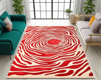 Designer area rug, Red and beige color rug, Contemporary rug, Stylish rug, Non-slip rug, Low pile rug, Cozy rug, Machine washable rug