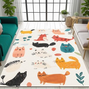 Cat pattern rug, Cute design rug, Soft textured rug, Bedroom rug, Non-slip rug, Easy to clean rug, Utility rug, New style rug, Durable rug