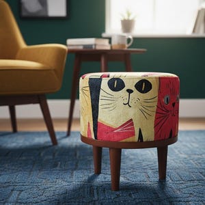 Cat pattern round pouf, Cute design bench, Colorful footstool, Elegance round pouf, Bedroom pouf, Comfortable furniture, Stylish bench, H-12 image 14