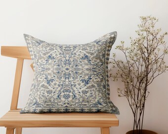 oriental design pillow, blue white pillow, ottoman pillow, throw pillow, couch pillow, handmade cushion, boho pillow cover, washable pillow