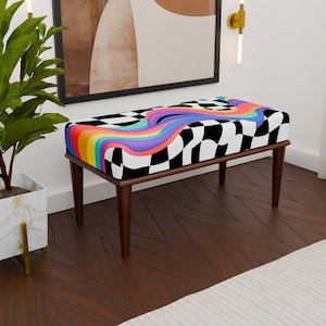 Wavy checkboard design upholstered bench, Modern ottoman bench, Vibrant color bench, Stylish pouf, Cozy footstool, Entryway seat, H-319