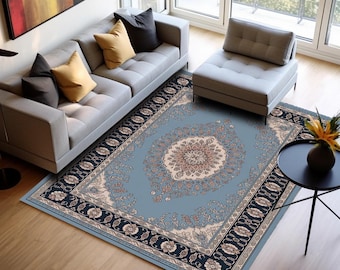 Blue Floral Patterned Rug, Non Slip Washable Area Carpet, Living Room Decor H-1099