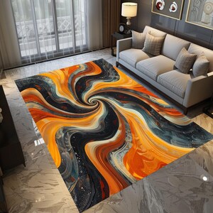 May include: Abstract area rug with swirling black, orange, and white lines on a dark background.