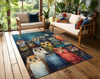 Alfombra lavable a máquina, Hermosas alfombras con estampado de búhos, Numerosas alfombras con estampado de búhos, Alfombra de búhos, Alfombra decorativa, Alfombra de alta calidad, Alfombra de área,