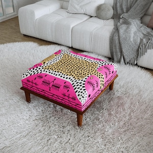 Playful Pop Art Handmade Bench, Pink Leopard Animal Pattern Ottoman, H-1156