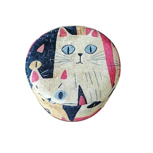 Cat pattern round pouf, Cute design bench, Colorful footstool, Elegance round pouf, Bedroom pouf, Comfortable furniture, Stylish bench, H-12