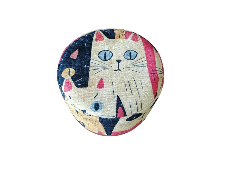 Cat pattern round pouf, Cute design bench, Colorful footstool, Elegance round pouf, Bedroom pouf, Comfortable furniture, Stylish bench, H-12