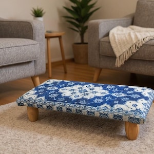 Blue Patterned Low Platform Stool, Wooden Legs Footrest H-1206