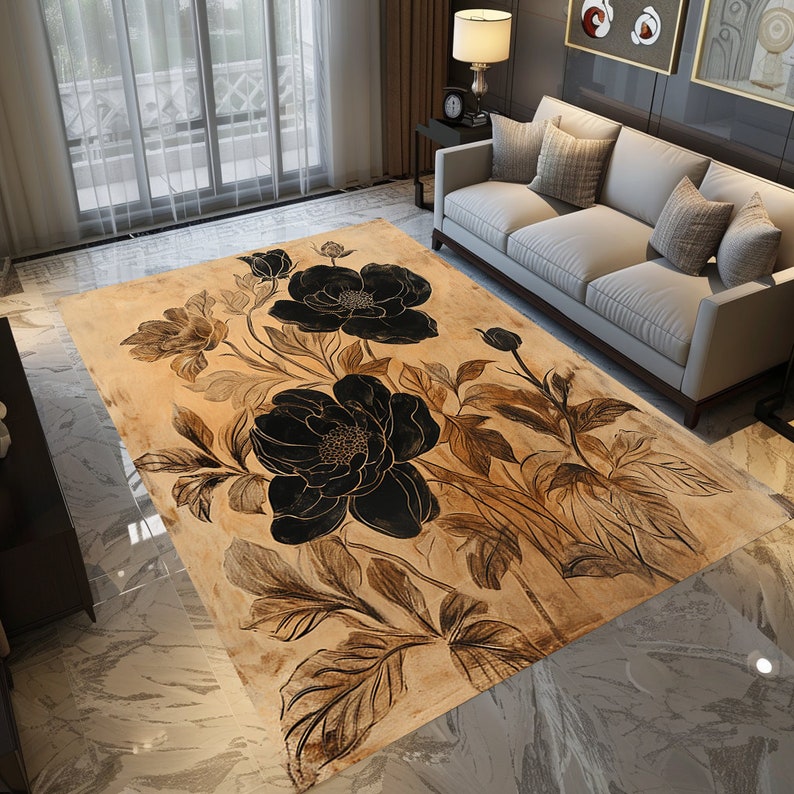 Brown and black floral design rug, Printed rug, Washable rug, Non-slip rug, Patterned cool rug, Stylish rug, Contemporary rug, Entrway rug