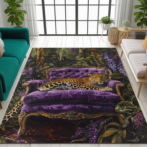 Animal print rug, Leopard design rug, Purple color rug, Area rug, Turkish print rug, Handmade rug, Home decor rug, Washable non slip rug