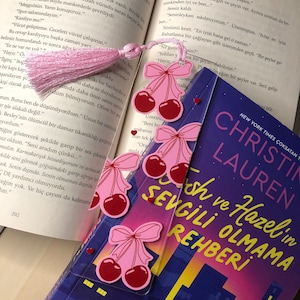 Cherry Bookmark, Coquette Acrylic Bookmark, Retro Pink Bookmark, Bookish Merch, Bookish Gift, Book Lover, Heart Acrylic Bookmark