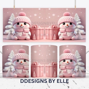 May include: Pink and white snowman mug with a pink gift box and a white Christmas tree on a pink background with snowflakes. The mug has the text "DDESIGNS BY ELLE" on the bottom.