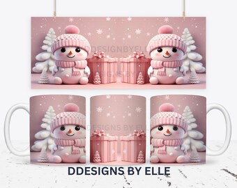 3D Pink Weihnachtsschneemann Mug Wrap Sublimationsdesign, pinke Weihnachtsgeschenke, 15 Unzen und 11 Unzen Bechervorlage, Sublimation digitaler Download PNG