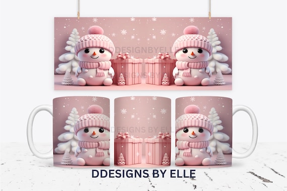 3D Pink Christmas Snowman Mug Wrap Sublimation Design, Pink Christmas Gifts, 15oz & 11oz Mug Template, Sublimation Digital Download PNG