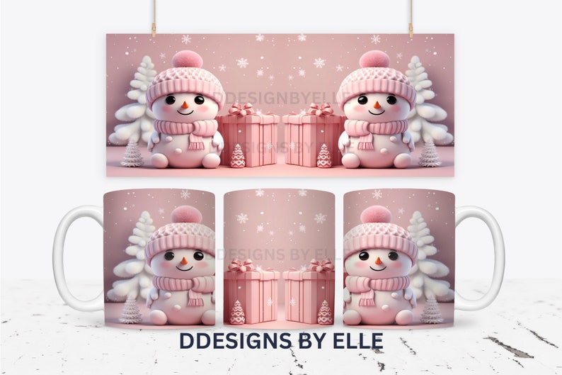 May include: Pink and white snowman mug with a pink gift box and a white Christmas tree on a pink background with snowflakes. The mug has the text "DDESIGNS BY ELLE" on the bottom.