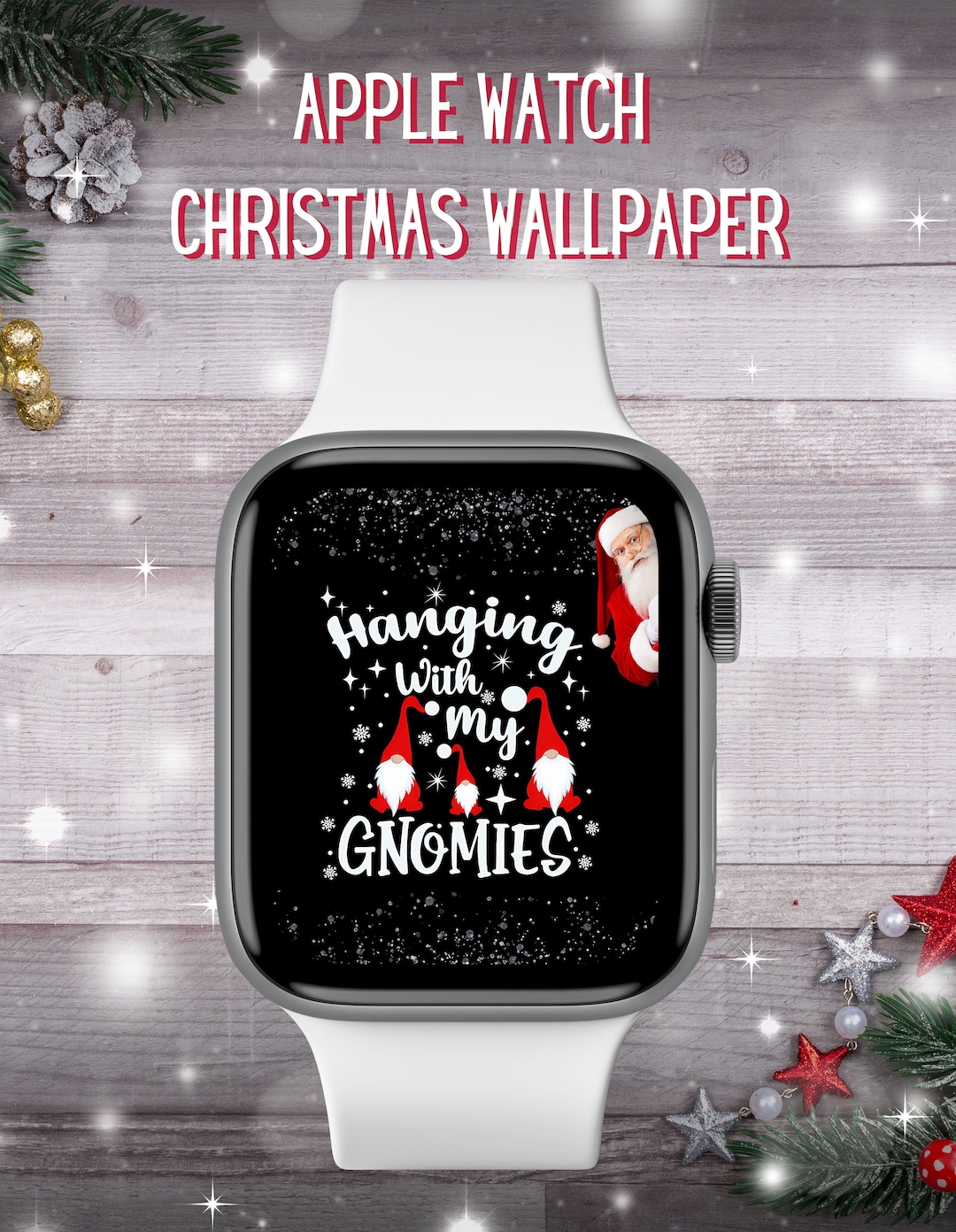 Christmas Apple Watch Face Santa and Gnomes Wallpaper, Merry
