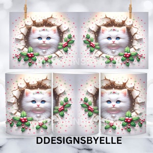 3D Kitten Hole In A Wall Mug Wrap, Christmas Mug Wrap Sublimation Design PNG, 11oz & 15oz Coffee Cup Template, 3D Cute Cat Mug Press Design