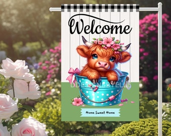 3D Highland Cow Sublimation Garden Flag Design Spring Summer Welcome Highland Cow Design For Yard Flags Instant Digital Download 12x18 PNG