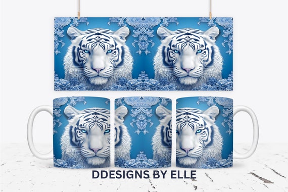 3D White Tiger Mug Sublimation Template, Sublimation Designs, 11oz 15oz Mug PNG Mug Templates, Cricut Mug Press Designs Wrap