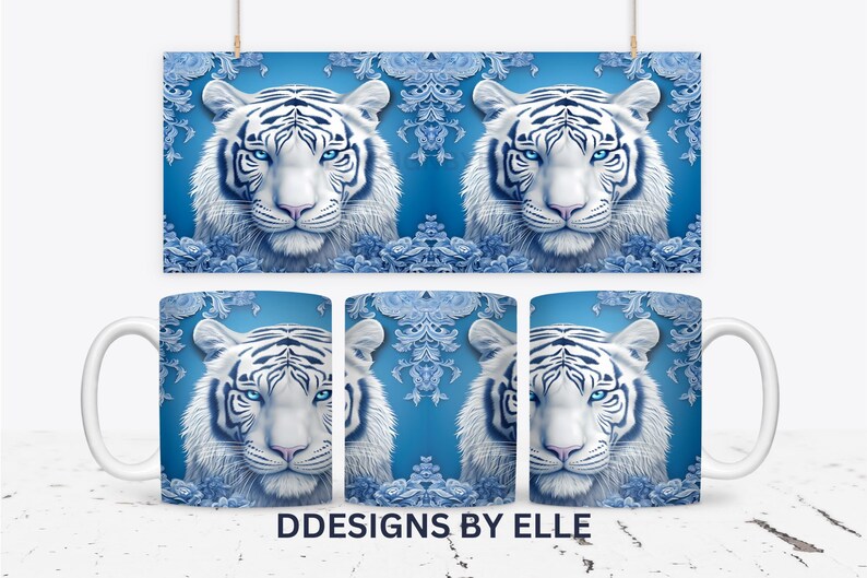 May include: White tiger with blue eyes on a blue background with a white and blue floral pattern. The image is repeated on two mugs.
