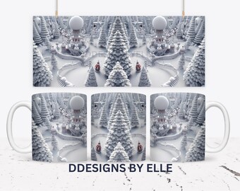 3d Christmas Mug Wrap Sublimation Design, 3D White Christmas, 15 Oz Mug Template, Sublimation Designs, Digital Download, 11 Oz Mug Template