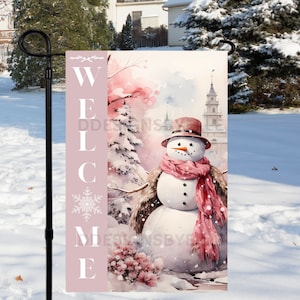 Pink Christmas Snowman Garden Flag Sublimation Design, Welcome Christmas Garden Flag Design,Png for Sublimation,12x18 Winter Garden Flag Png