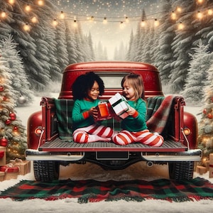Red Vintage Christmas Truck Digital Backdrop, Winter Theme backdrop, Christmas Truck Backdrop, Christmas Backdrop, Santa Claus Backdrop,