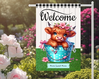 3D Highland Cow Sublimation Garden Flag Design Spring Summer Welcome Highland Cow Design For Yard Flags Instant Digital Products 12x18