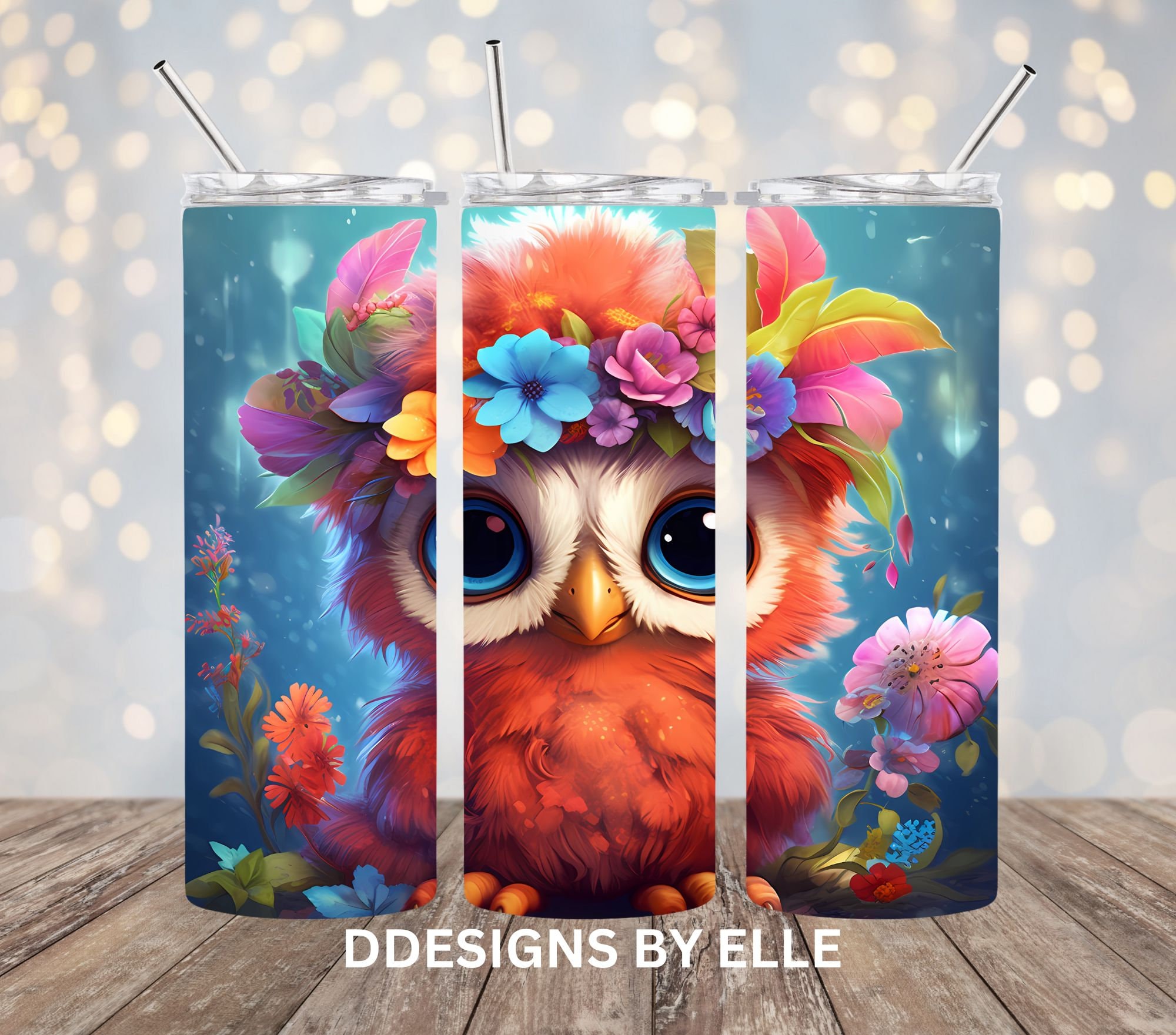 3D Owl and Flowers 20 oz Skinny Tumbler, Sublimation Design, Straight Tumbler Wrap PNG, Sublimated T