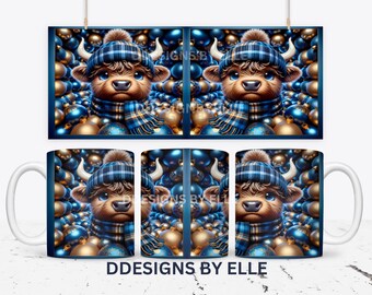 3D Highland Cow Mug Wrap Christmas Mug Wrap Sublimation Design PNG 11oz and 15oz Coffee Cup Template 3D Baby Highland Cow Mug Press Design