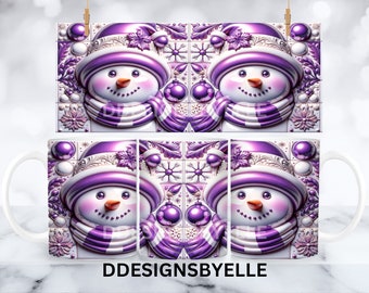 3D lila Schneemann Becher Sublimationsverpackung, Schneemann Weihnachtsbecher 15 Unzen Urlaub Becher Designs Png, 11 Unze Kaffeetasse Design, 3D Becherpresse Sublimation