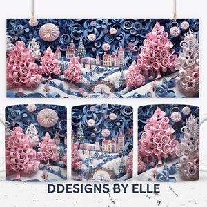 May include: White ceramic mug with a winter landscape design. The design features pink and white paper-like trees, a bridge, and buildings against a blue backdrop. The text "DDESIGNS BY ELLE" is at the bottom.