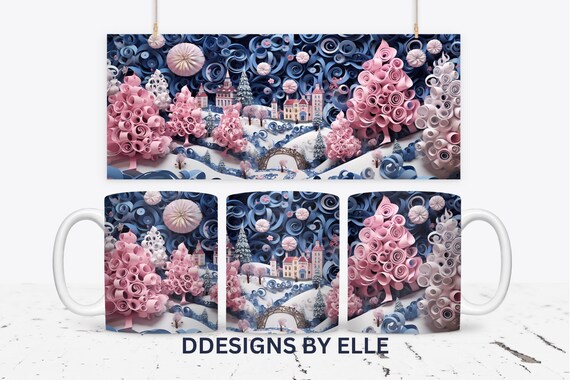 3d Christmas Mug Wrap Sublimation Design, 3D Blue Christmas, 15 Oz Mug Template, Sublimation Designs, Digital Download, 11 Oz Mug Template