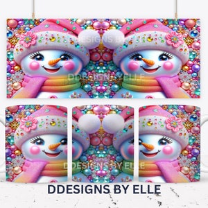 K&ouml;nnte beinhalten: Ein skurriles Schneemann-Design auf einer Tasse und einem Poster. Der Schneemann tr&auml;gt einen rosa Hut und Schal mit Regenbogenverlauf. Der Hintergrund ist mit bunten Edelsteinen gef&uuml;llt und dem Text "DDESIGNS BY ELLE".