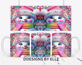 3D Inflated Snowman Mug Wrap, Pink Snowman Christmas Mug, 15oz Sublimation Mug Designs Png, 11oz Coffee Cup Design, 3D Mug Press Sublimation