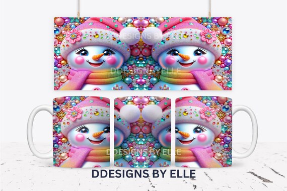 3D Inflated Snowman Mug Wrap, Pink Snowman Christmas Mug, 15oz Sublimation Mug Designs Png, 11oz Coffee Cup Design, 3D Mug Press Sublimation