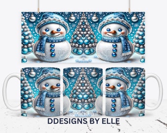 3D Inflated Snowman Mug Wrap Christmas Mug Wrap Sublimation Design PNG 11oz and 15oz Coffee Cup Template 3D Blue Snowman Mug Press Design