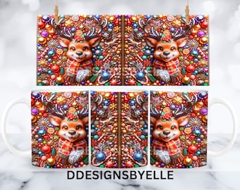 Envoltura de taza de Navidad de ciervo 3D Diseño de sublimación de envoltura de taza linda PNG Navidad linda Plantilla de taza de café de 11 oz y 15 oz Diseño de prensa de taza de Navidad 3D
