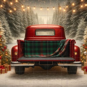 Red Vintage Christmas Truck Digital Backdrop, Winter Theme backdrop, Christmas Truck Backdrop, Christmas Backdrop, Santa Claus Backdrop PNG