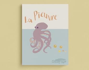 Kids octopus poster - squid wall art, ocean animal print, under the sea poster, pieuvre print, octopus printable, kids bedroom, ocean theme