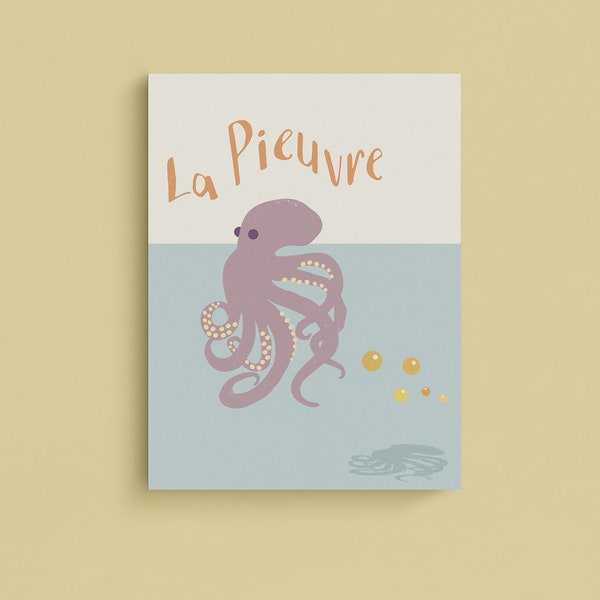Kids octopus poster - squid wall art, ocean animal print, under the sea poster, pieuvre print, octopus printable, kids bedroom, ocean theme