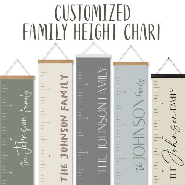 Family canvas growth chart w. wooden hanger. Personalize with your family name. Choose colors and size. Free shipping. Perfect gift!