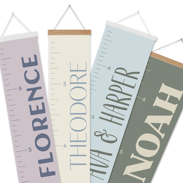 Custom canvas height chart with wooden hanger. Choose colors and size. Free shipping. Track the growth of your loved ones. Perfect gift!