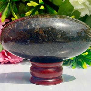 Pode incluir: Uma pedra oval polida de cor castanho-escura com uma textura cristalina manchada, repousando horizontalmente sobre um pequeno suporte de madeira redondo de cor castanho-avermelhada. A pedra apresenta tons profundos e uma superfície brilhante.