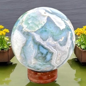 Large Druzy Moss Agate Sphere: Calming Green Crystal Decor (125mm, 2.8kg
