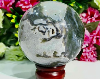 Esfera grande de ágata musgosa drusa: Decoración de cristal verde relajante de 120 mm